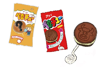 昭和のグリコ　ペロチュー　パッケージとキャンディイラスト
